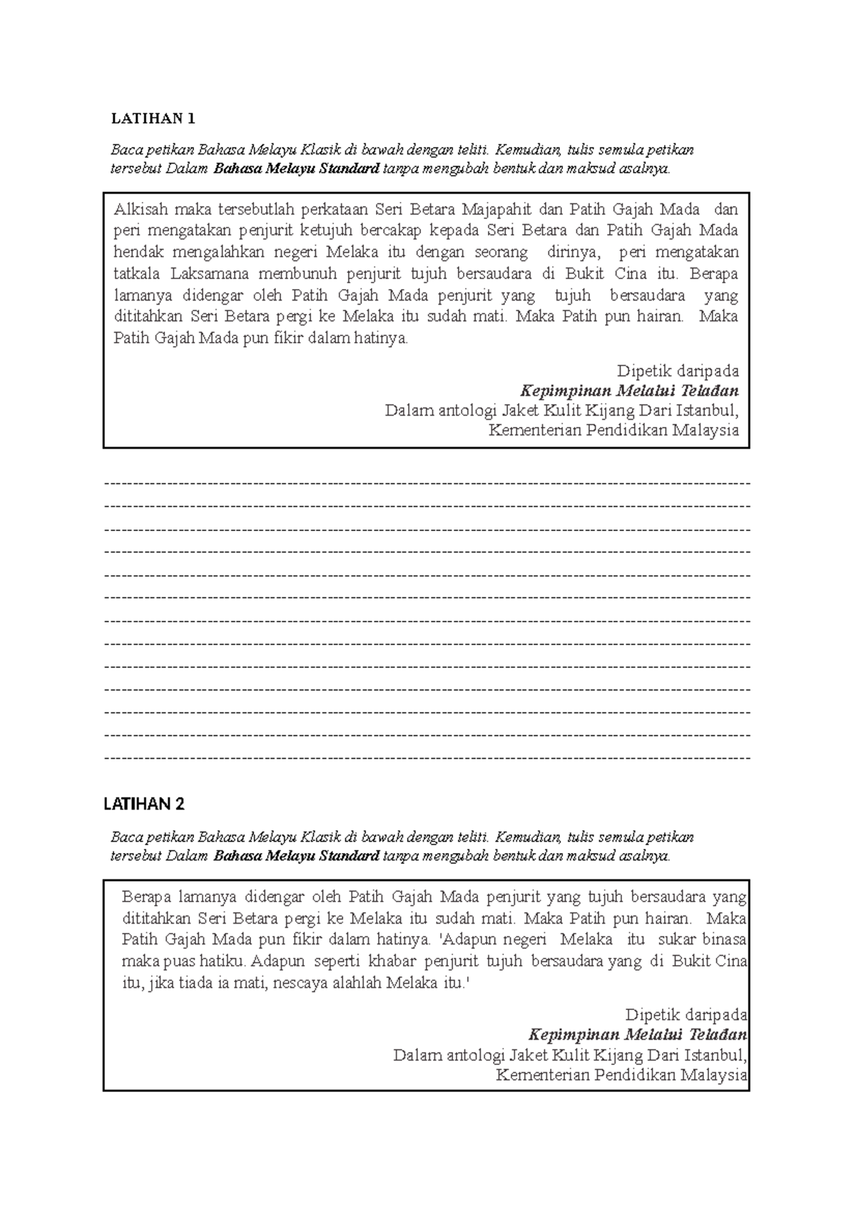 Latihan 1 BM Standard - LATIHAN 1 Baca petikan Bahasa Melayu Klasik di ...
