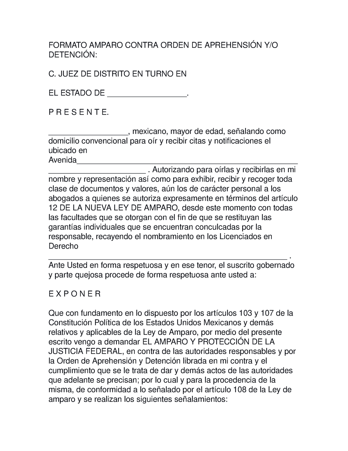 Amparo Contra Orden DE AprehensiÓn Y Detencion - FORMATO AMPARO CONTRA ORDEN  DE C. JUEZ DE DISTRITO - Studocu