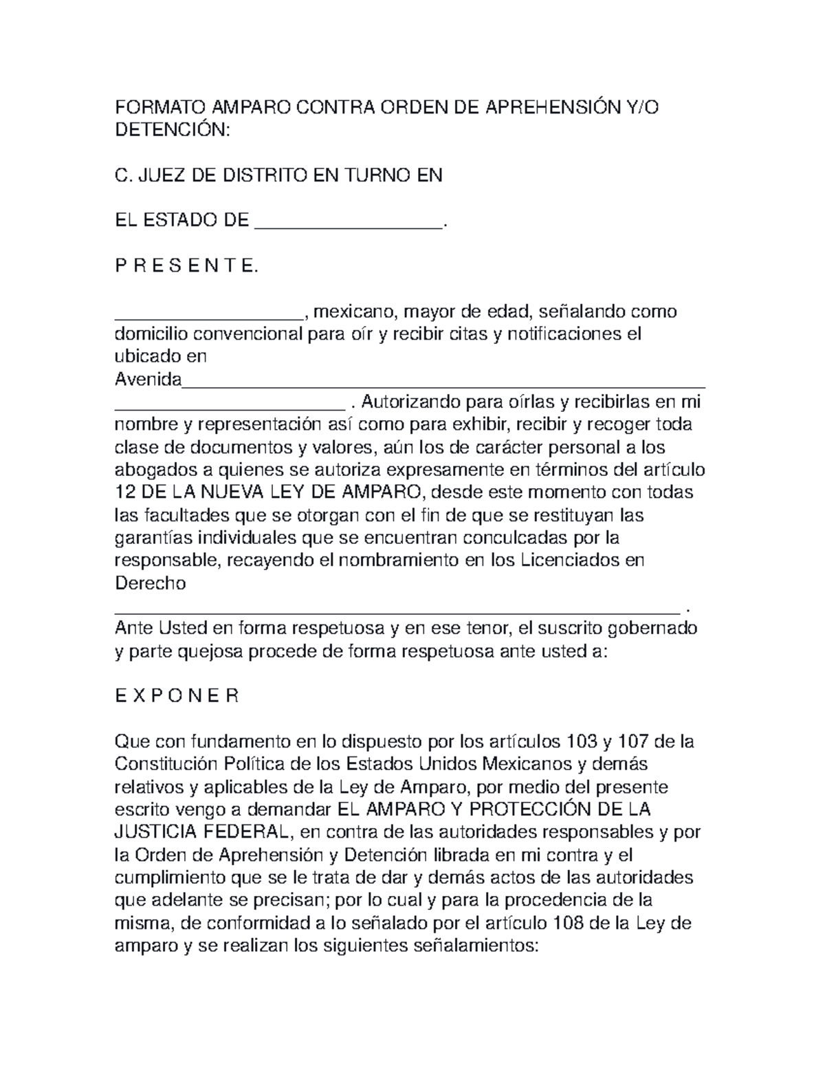 Amparo Contra Orden De Aprehension Y Detencion Studocu