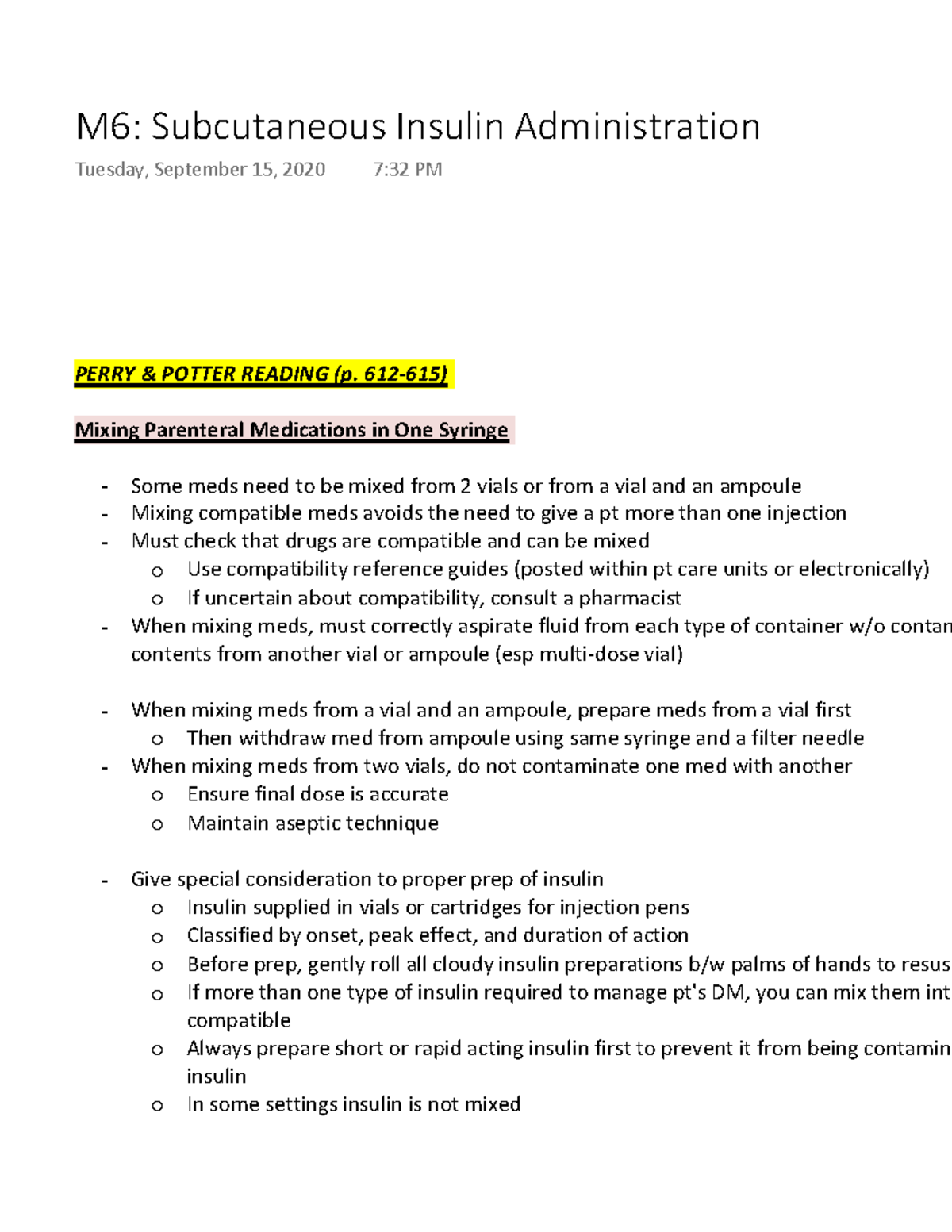 M6 Subcutaneous Insulin Administration - PERRY & POTTER READING (p. 612 ...