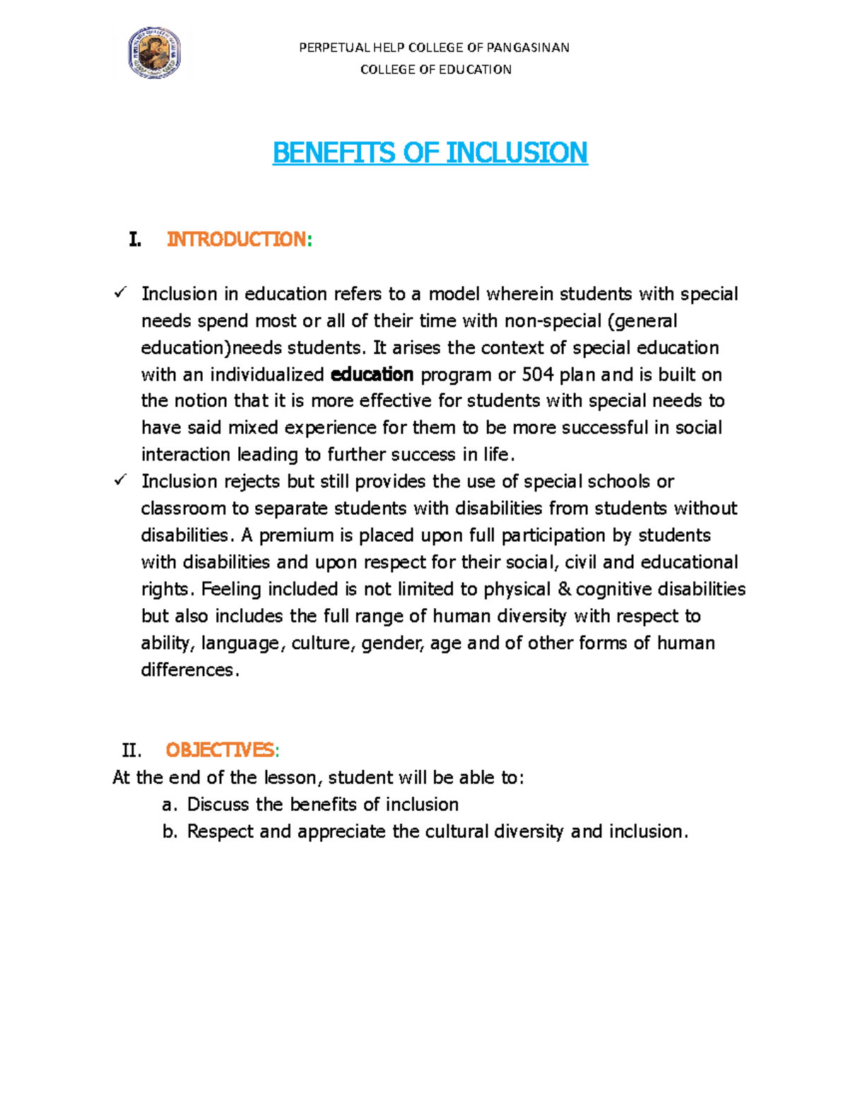 Benefits OF Inclusion - BENEFITS OF INCLUSION I. INTRODUCTION ...