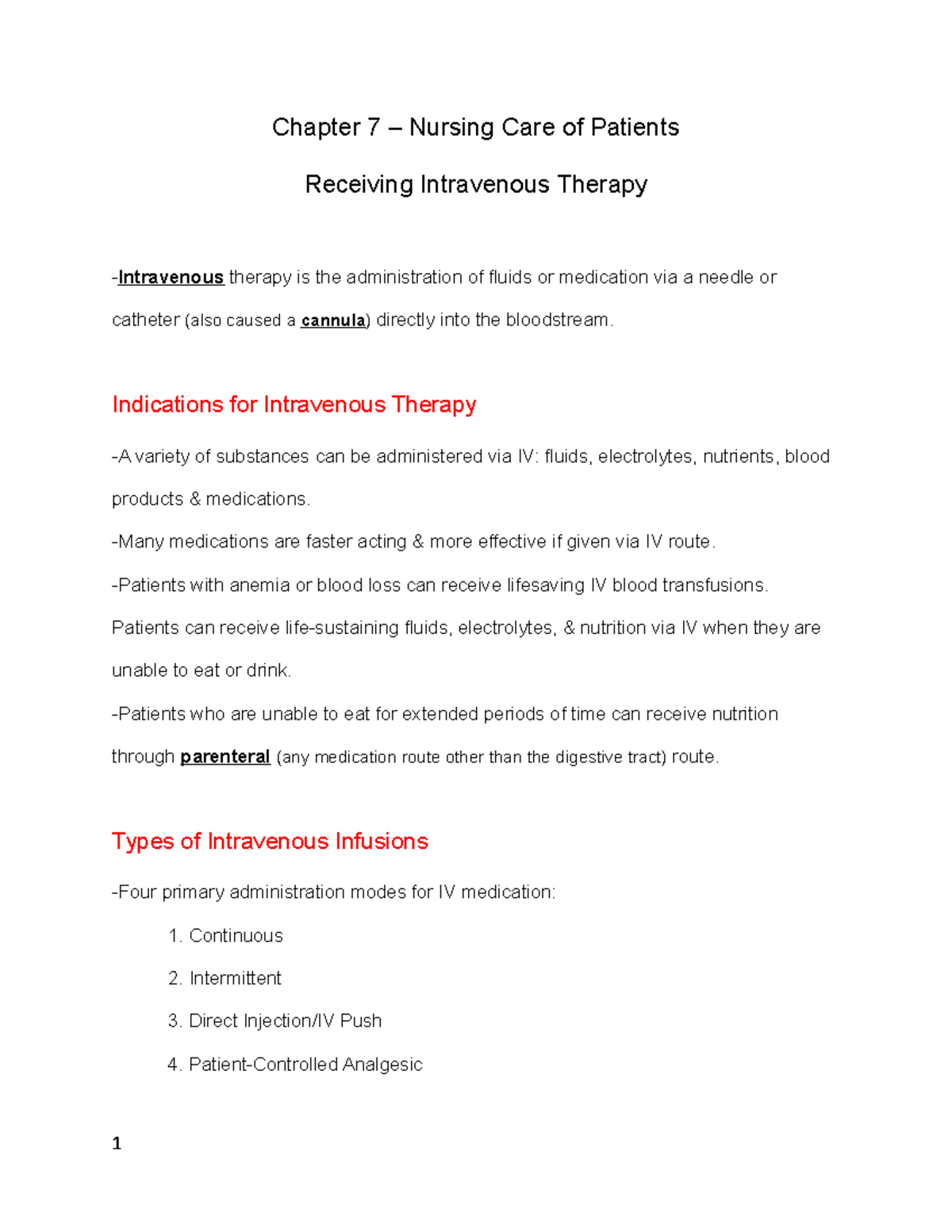 AC Chapter 7 - notes - Chapter 7 – Nursing Care of Patients Receiving ...
