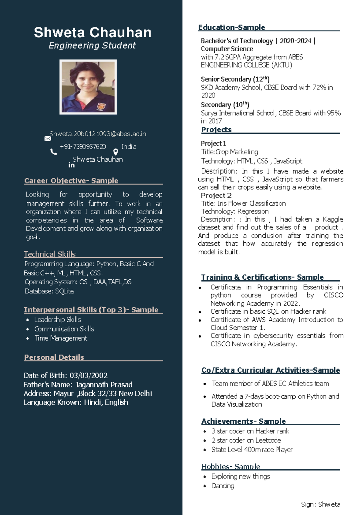 Shweta Chauhan - Shweta Chauhan Engineering Student Shweta@abes.ac +91 ...