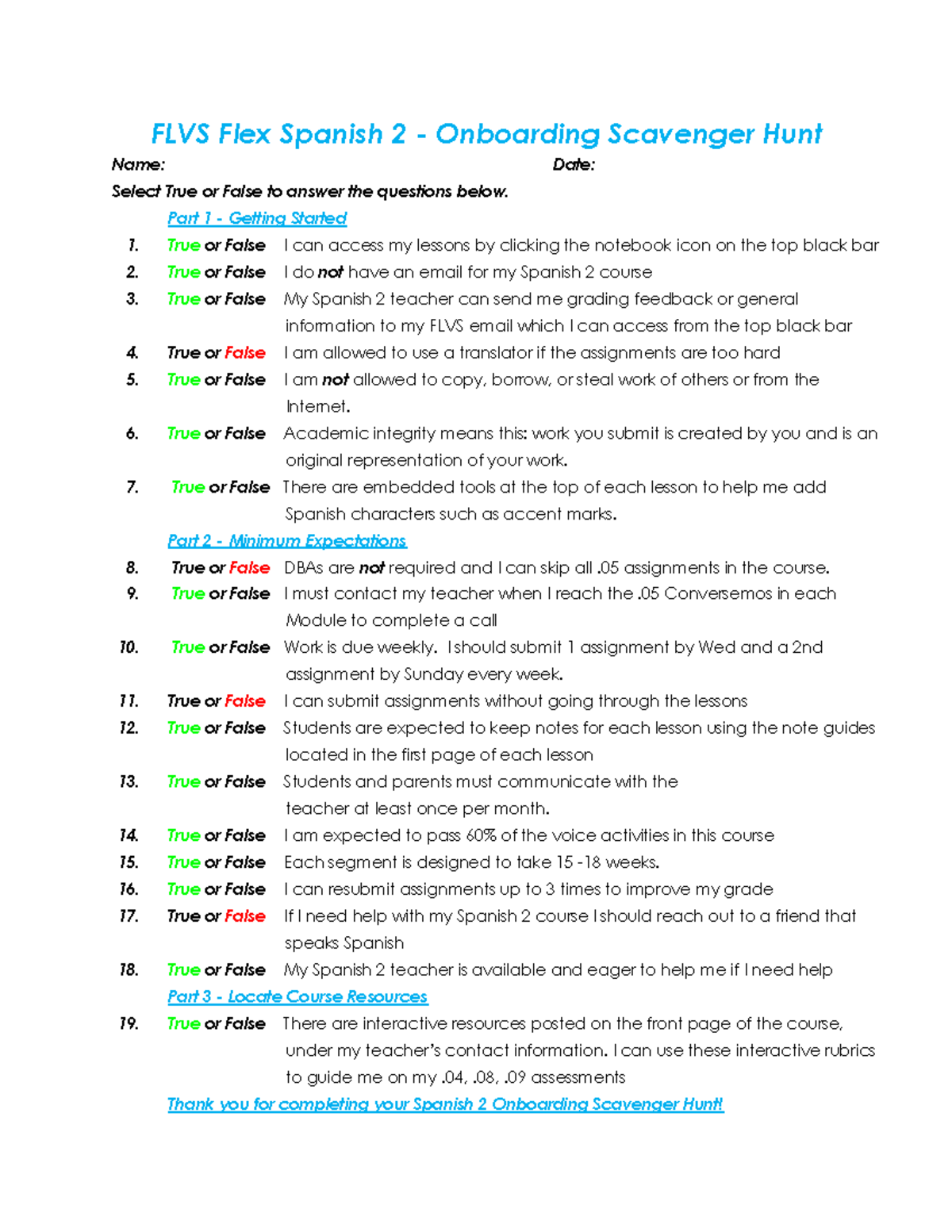 Copy of FLVS Flex Spanish 2 Onboarding Scavenger Hunt FLVS Flex