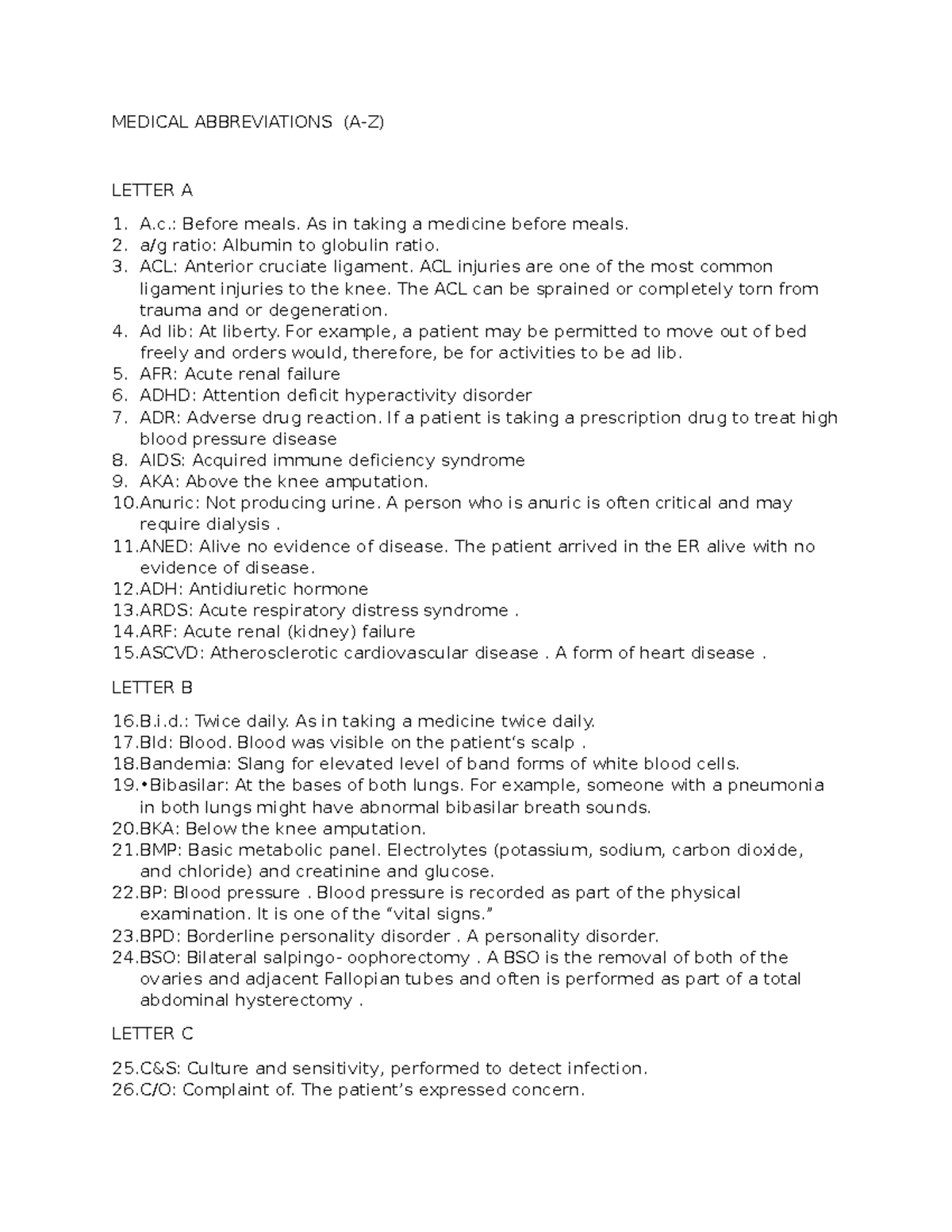 Medical abbreviations - MEDICAL ABBREVIATIONS (A-Z) LETTER A A.: Before ...