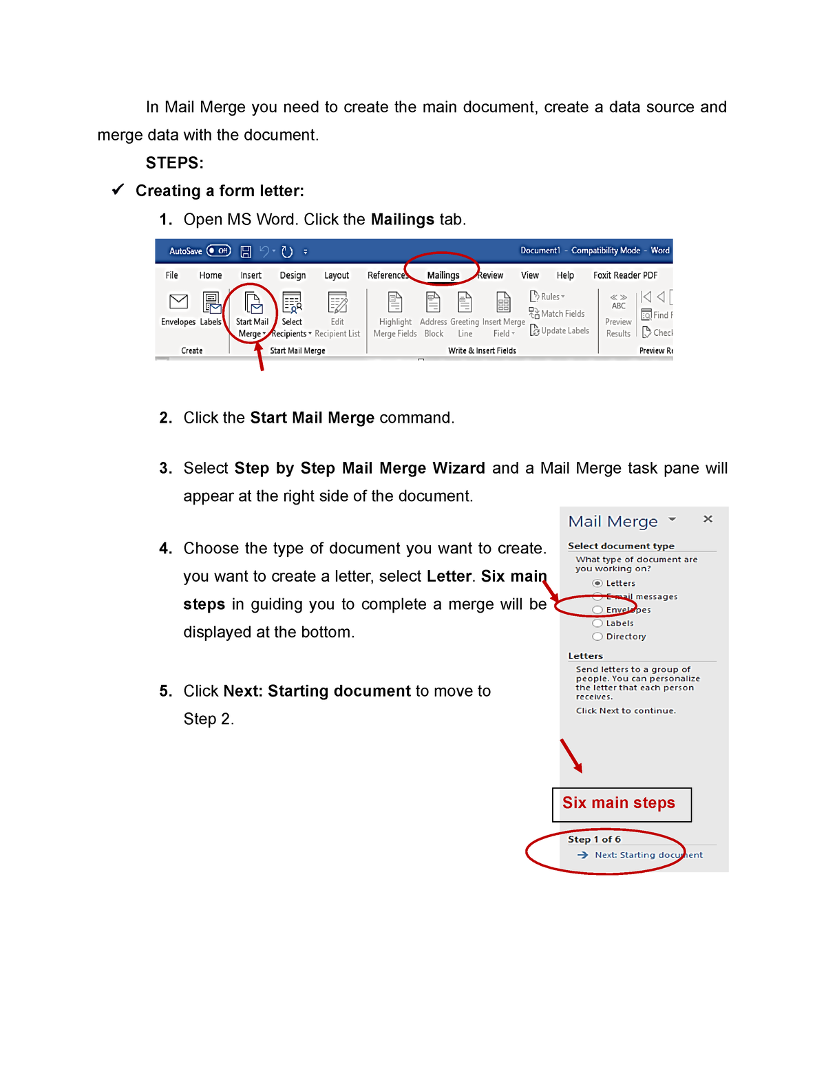 Mail Merge Steps Sample For Reference In Mail Merge You Need To Create The Main Document 2119