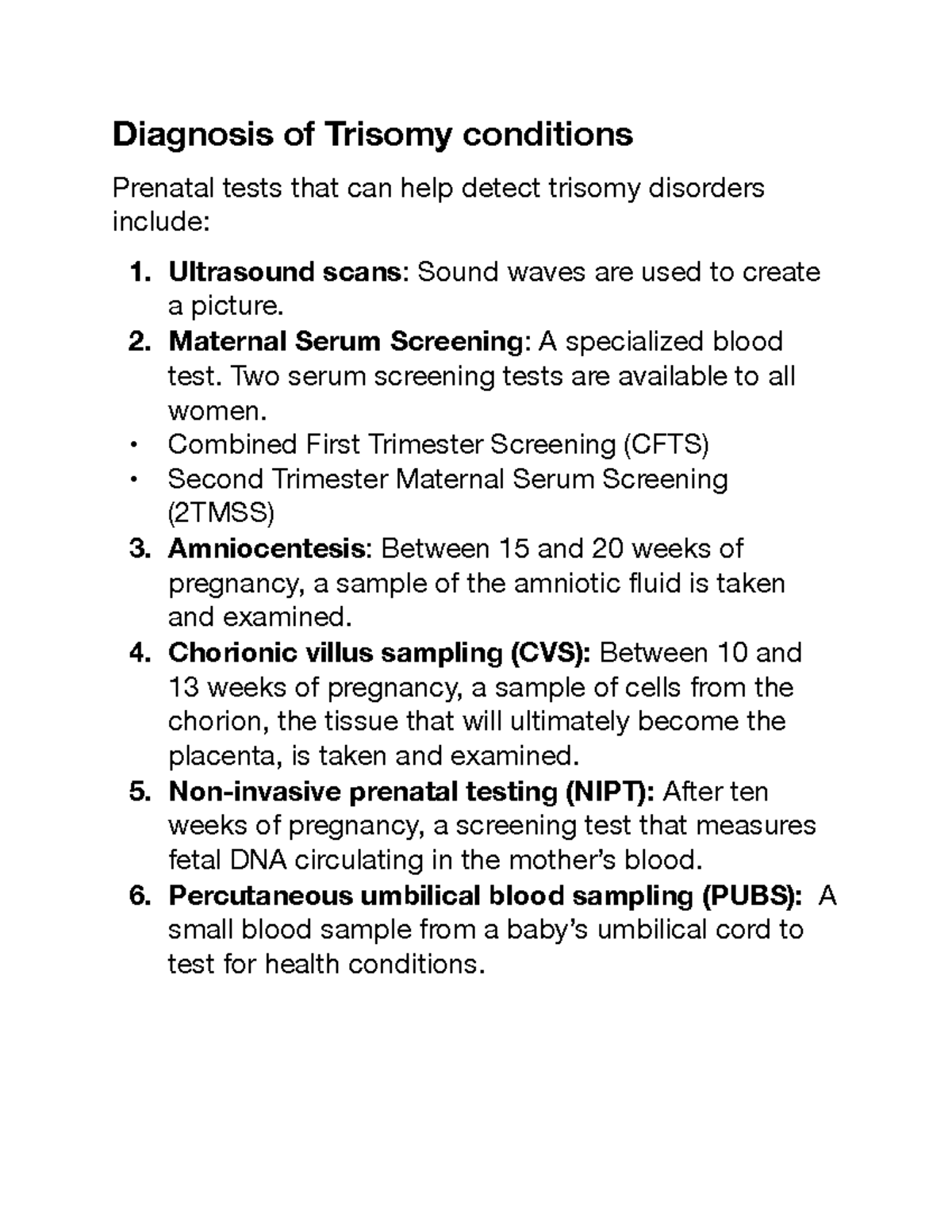 Bio 31 - Notes - Diagnosis of Trisomy conditions Prenatal tests that ...