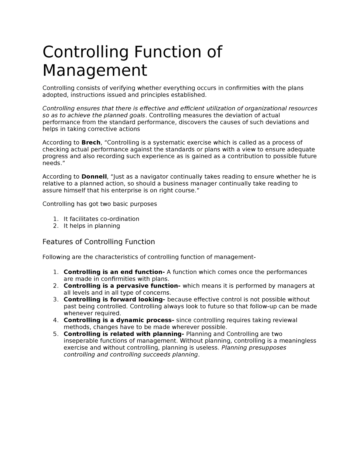 case study on controlling function of management