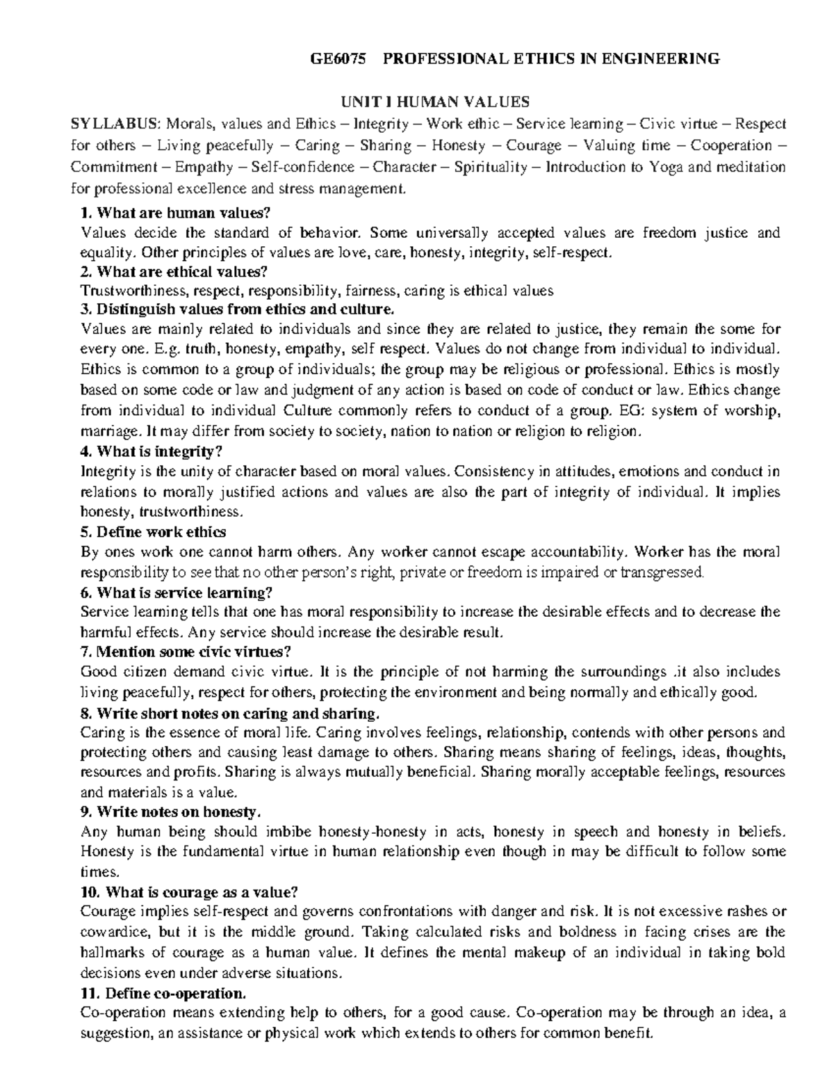 PEE - GE6075 PROFESSIONAL ETHICS IN ENGINEERING UNIT I HUMAN VALUES ...