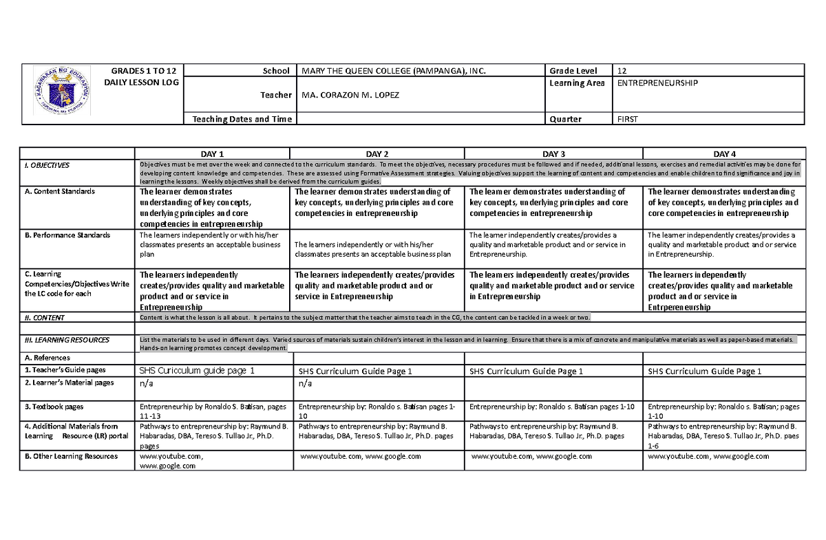 Week 3-4 Applied Entrepreneurship - GRADES 1 TO 12 DAILY LESSON LOG ...