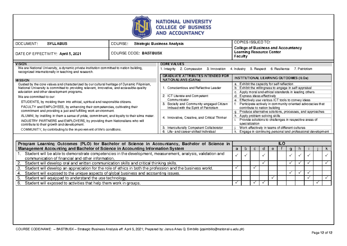 Bastbusx - Course Syllabus - COURSE CODE/NAME: – BASTBUSX – Strategic ...