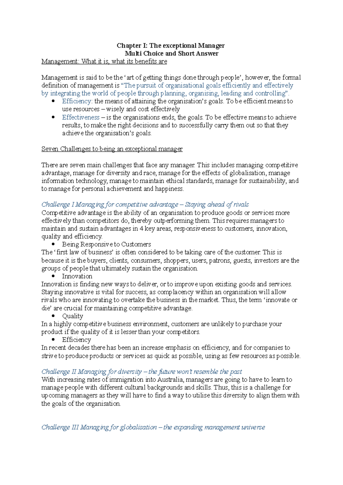 BBA 102 1-13 Lectures - Chapter I: The exceptional Manager Multi Choice ...
