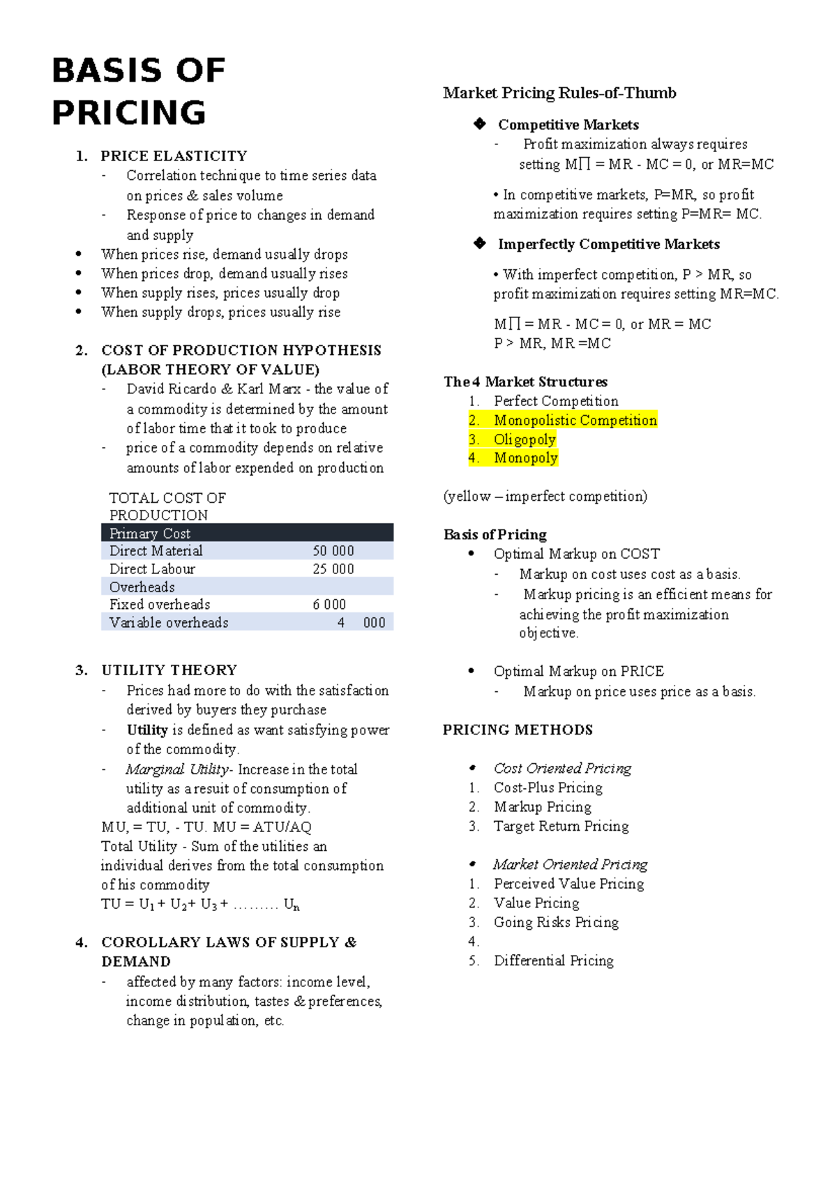 Basis-OF- Pricing - notes - BASIS OF PRICING 1. PRICE ELASTICITY ...