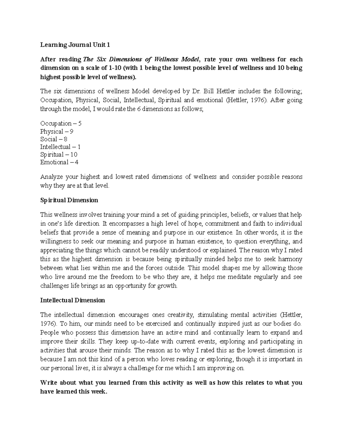 Learning Journal Unit 1 The six dimensions of wellness Model