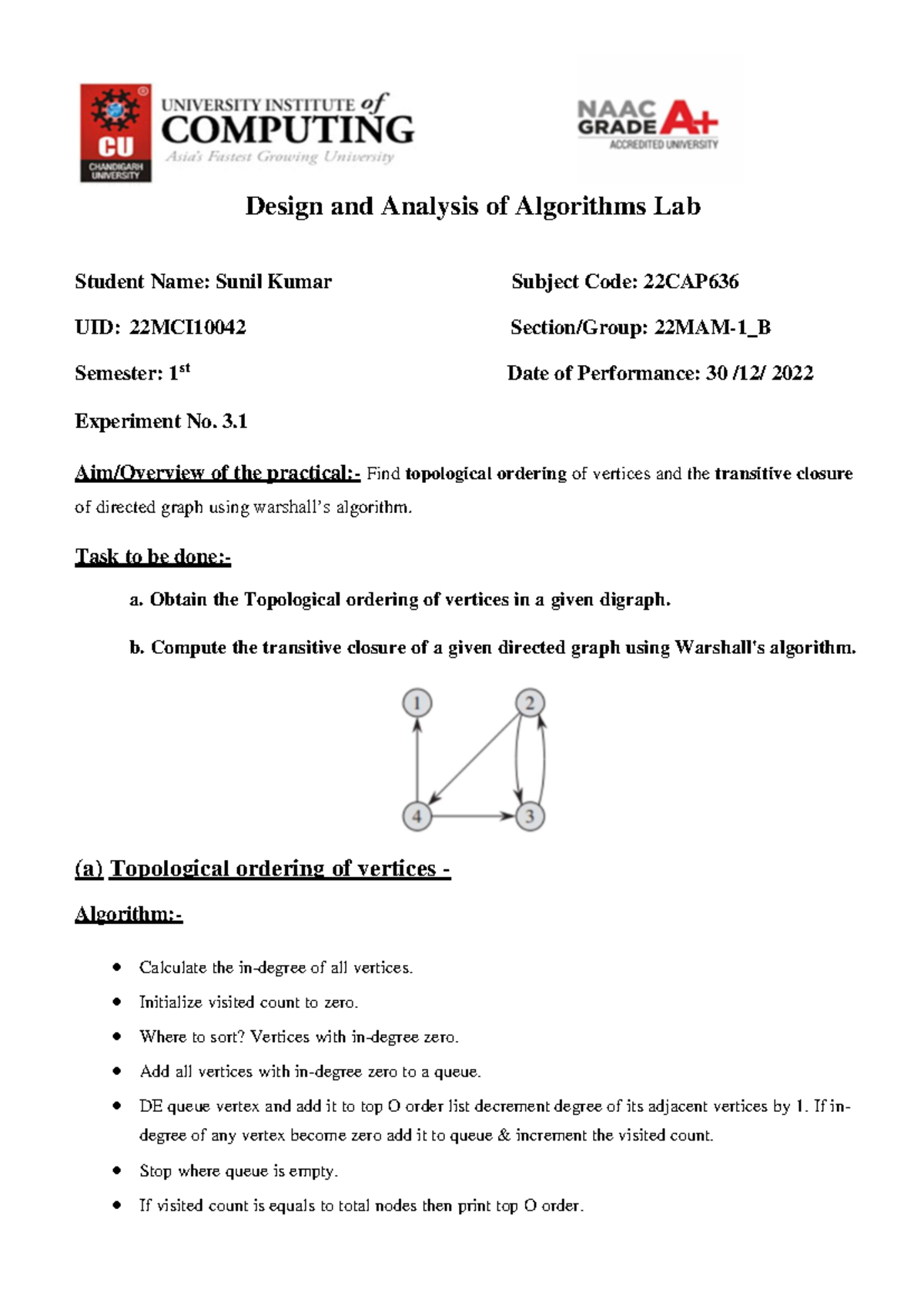 Worksheet 3.1 (DAA) - Find Topological Ordering Of Vertices And The ...