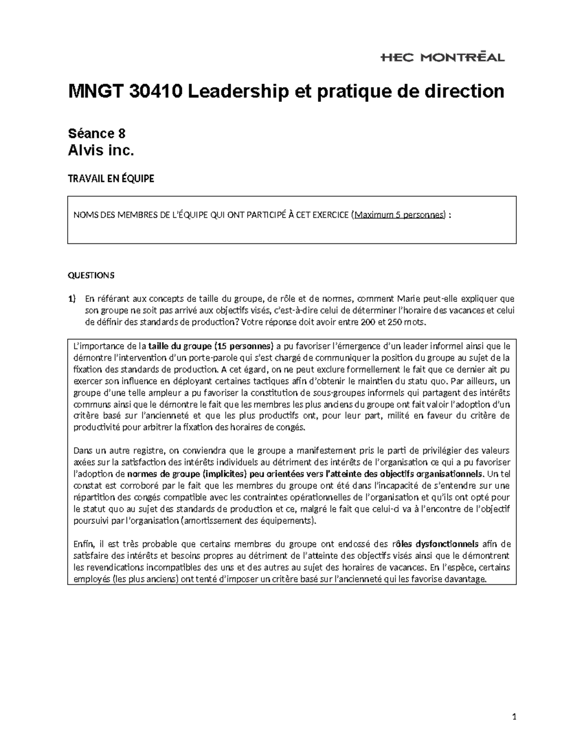 Travail de la Séance 8 H21-1 - MNGT 30410 Leadership et pratique de ...