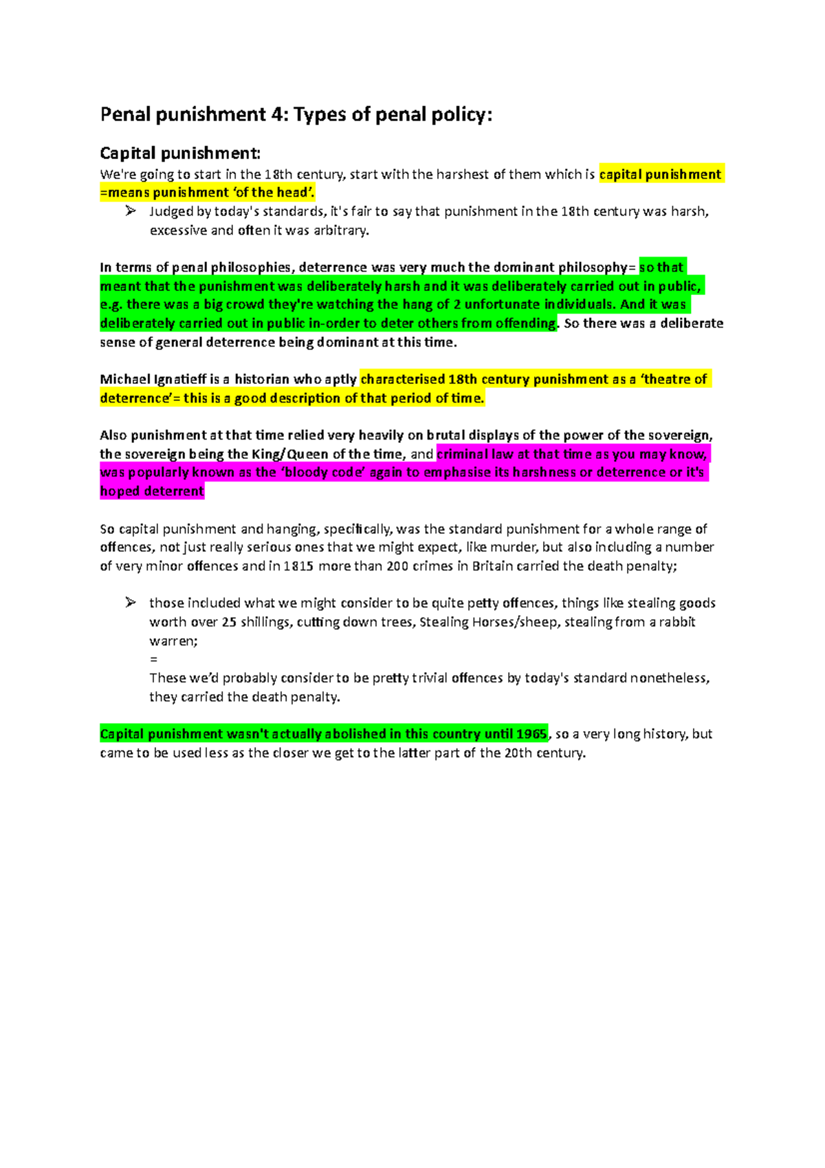 Punishment and Penal Policy lecture 4 notes Penal punishment 4 Types