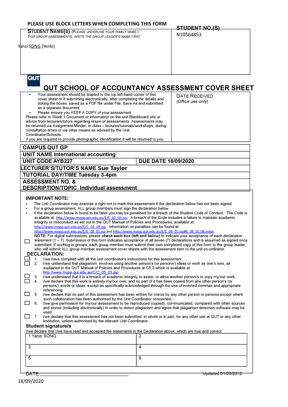 ASSESSMENT 1 REPORT - PLEASE USE BLOCK LETTERS WHEN COMPLETING THIS ...