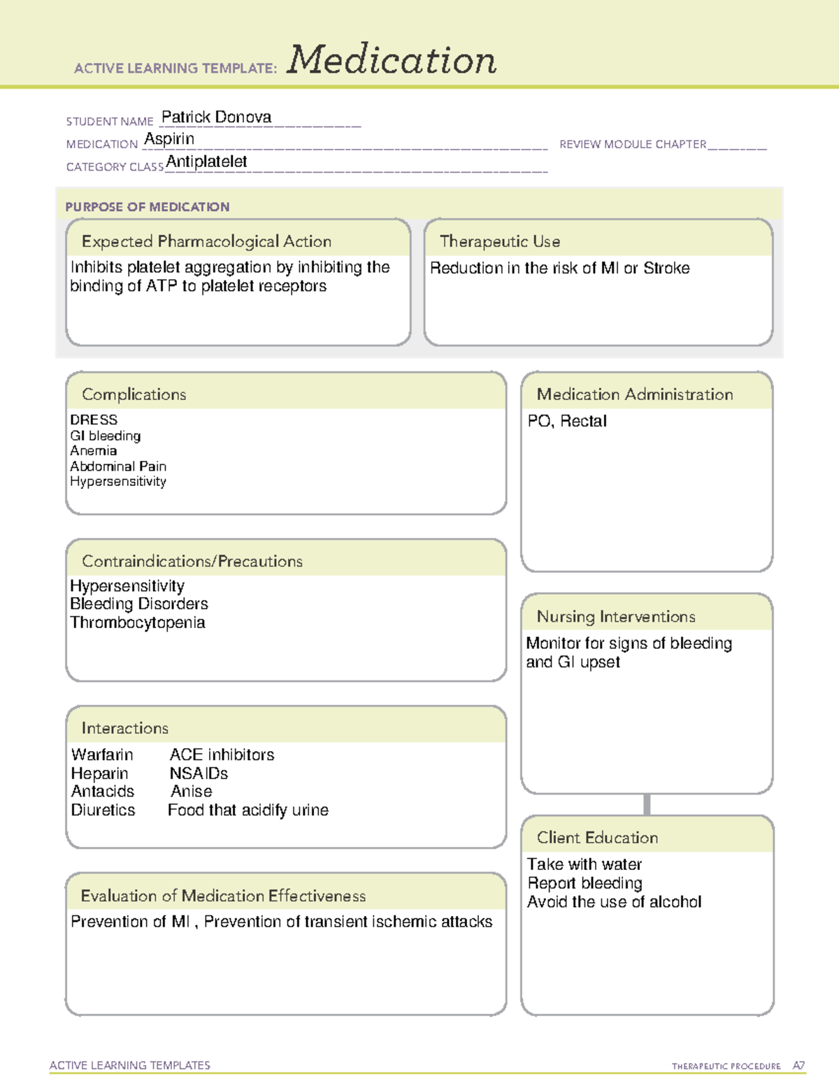 Aspirin ATI active learning template ACTIVE LEARNING TEMPLATES