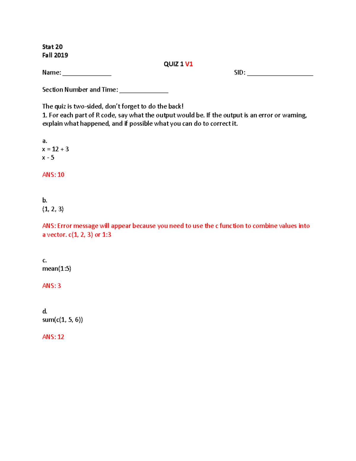 Quiz 1 Solutions Quiz 1 Solution Warning Tt Undefined Function 32 Stat 20 Fall 2019 Quiz 8247