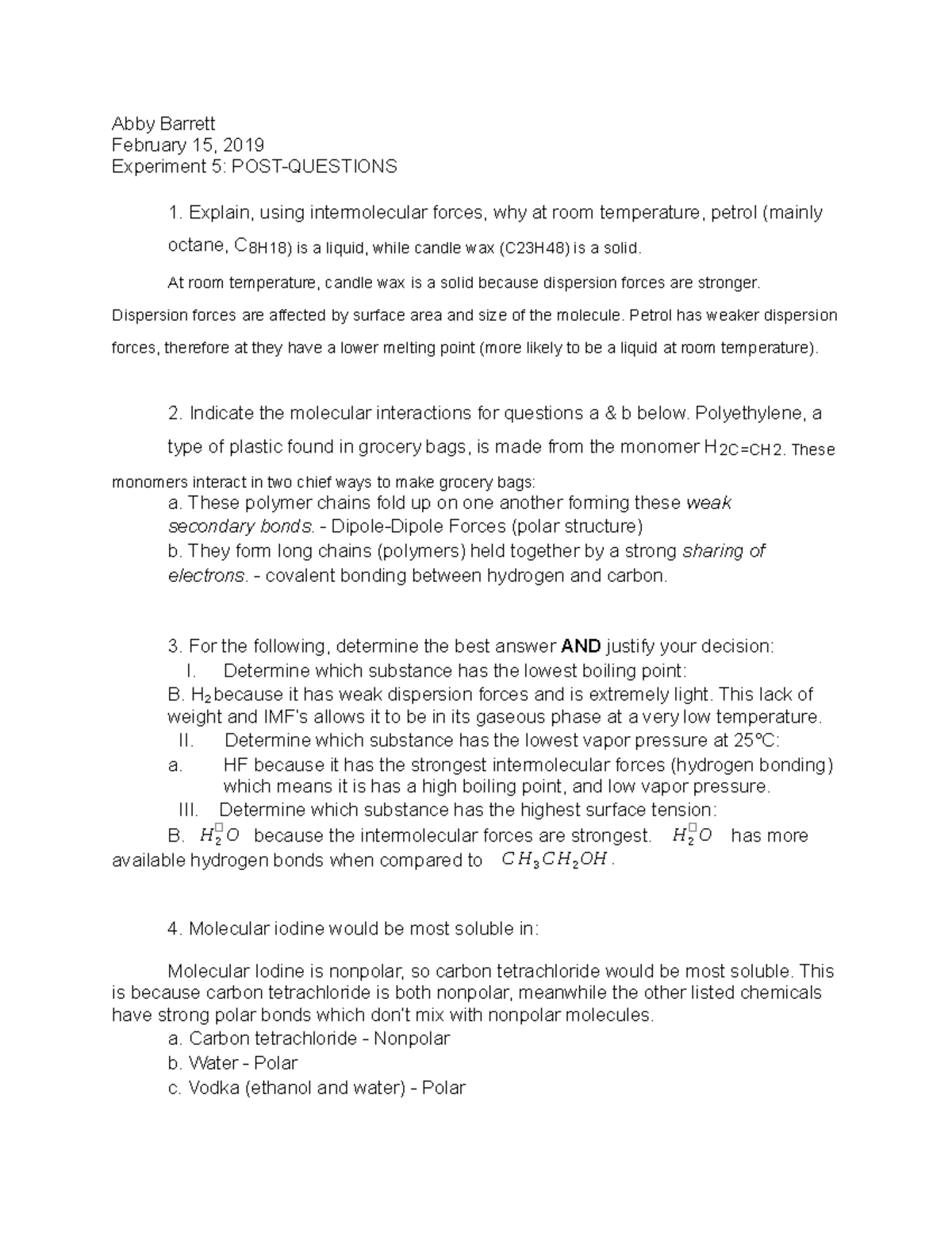 Experiment 5 POST- Questions - Abby Barrett February 15, 2019 ...