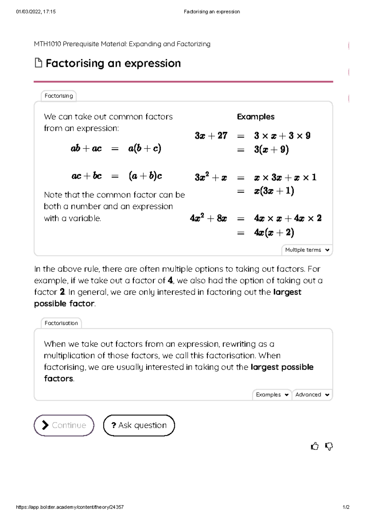 Factorising an expression - bolster/content/theory/24357 1/ MTH1010 ...