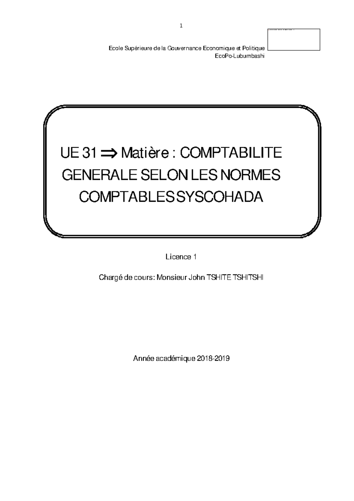 Cours De Comptabilité Générale Ohada Ecopo Etudiants - Ecole Supérieure ...