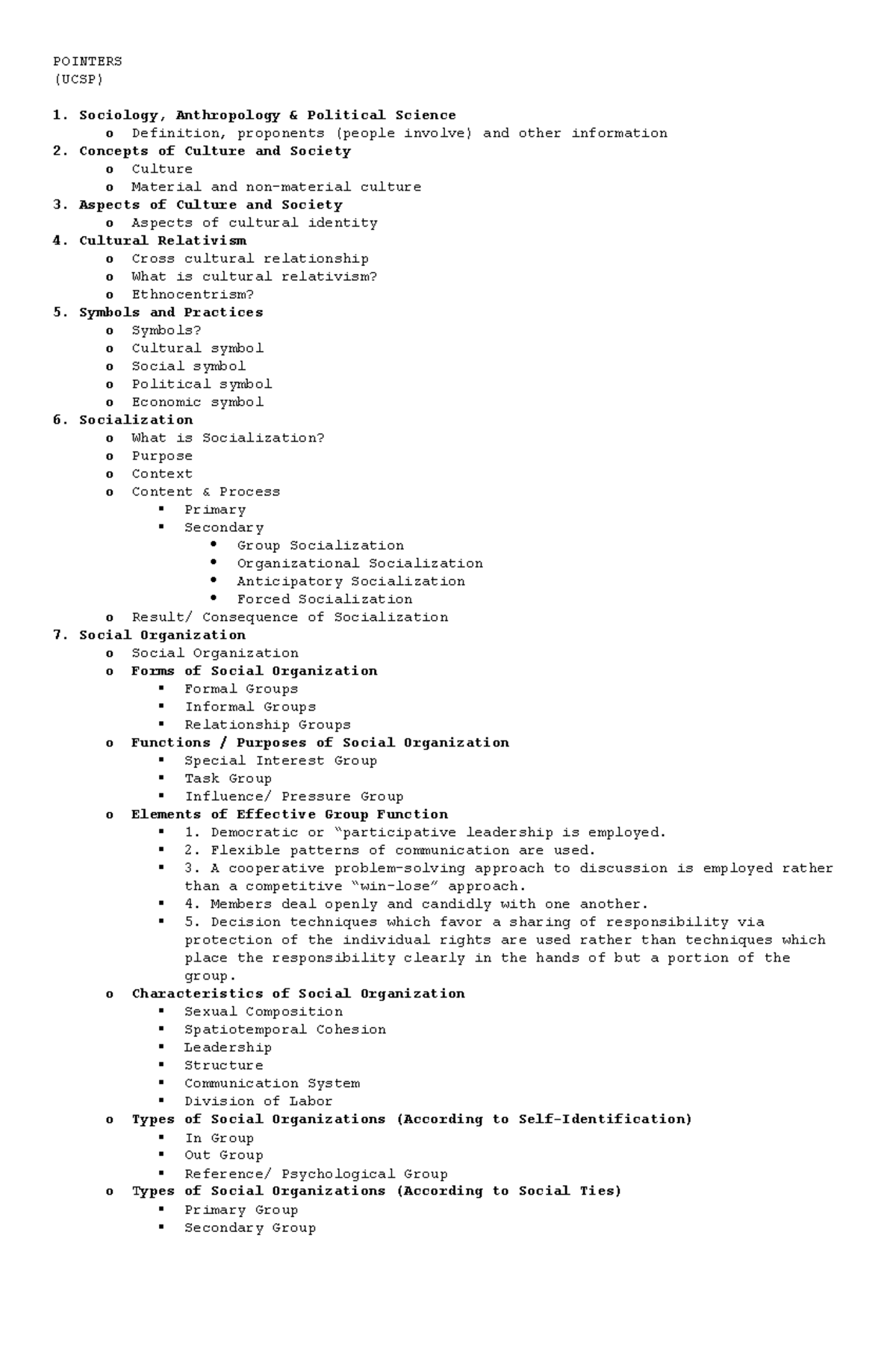 Pointers POINTERS (UCSP) Sociology, Anthropology & Political Science o Definition, proponents