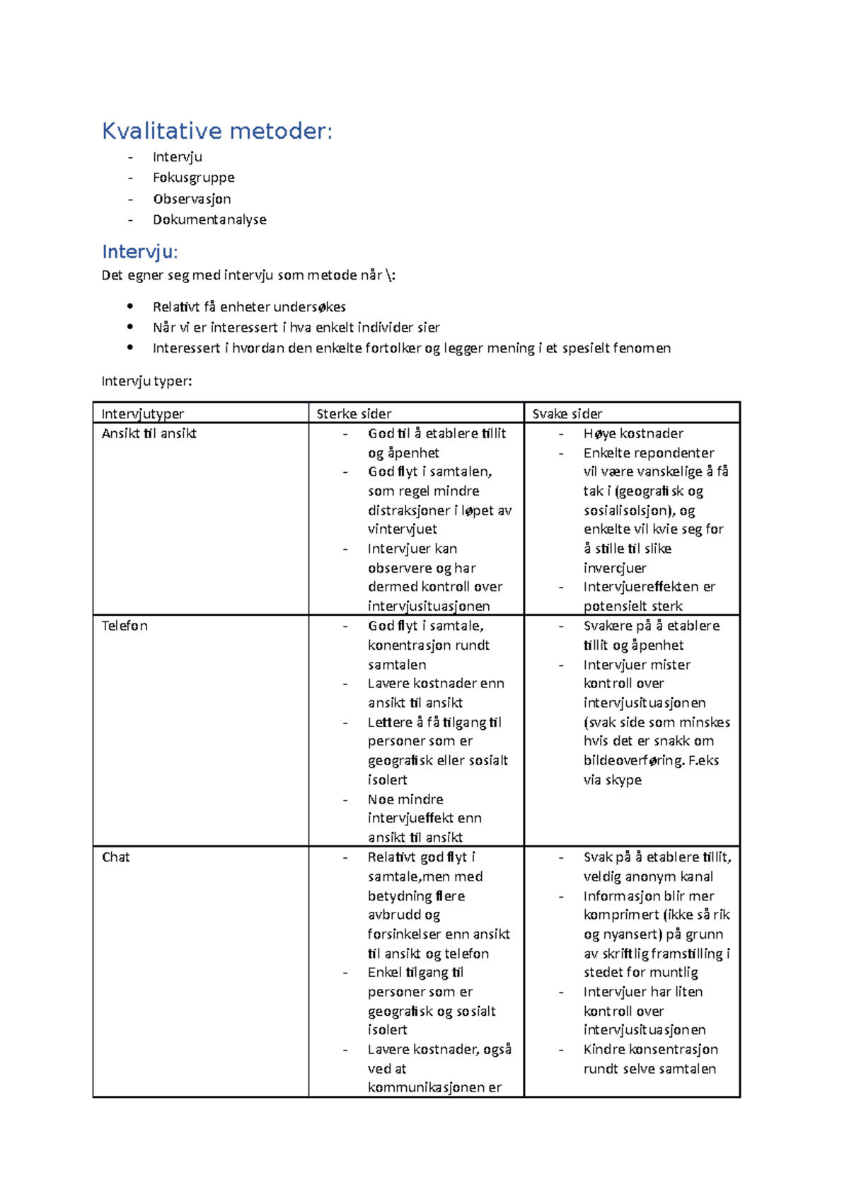 Kvalitative Metoder - Notater - Metode - Kvalitative Metoder: Intervju ...
