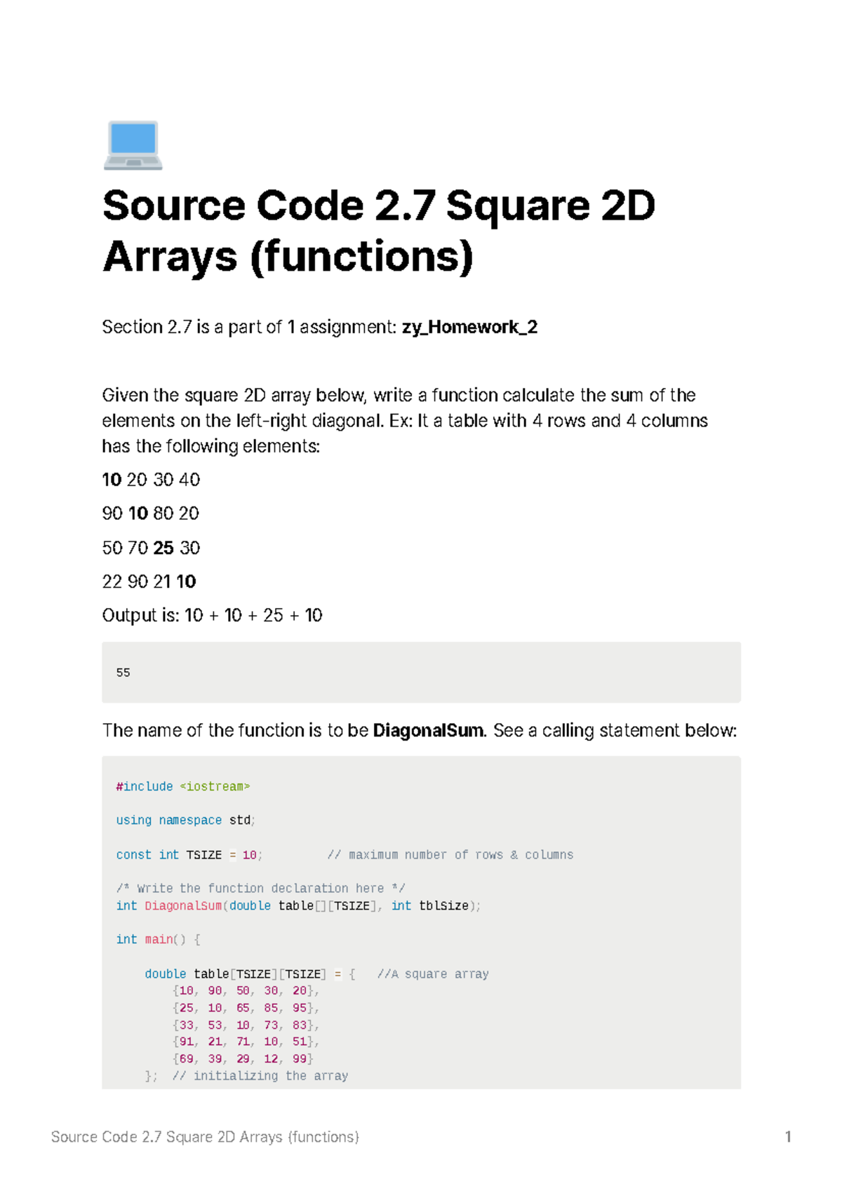 2.7 Square 2D Arrays (functions) - Source Code ԇ.Ԏ Square ԇD Arrays ...