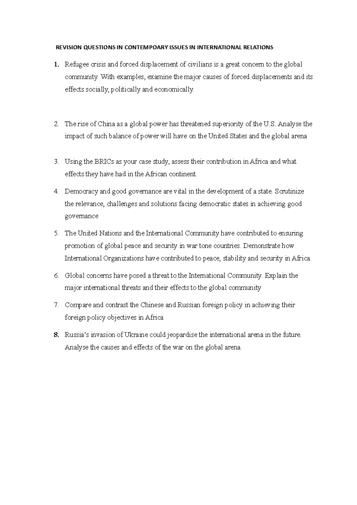 Revison Questions- Contemporary Issues IN International Relations ...