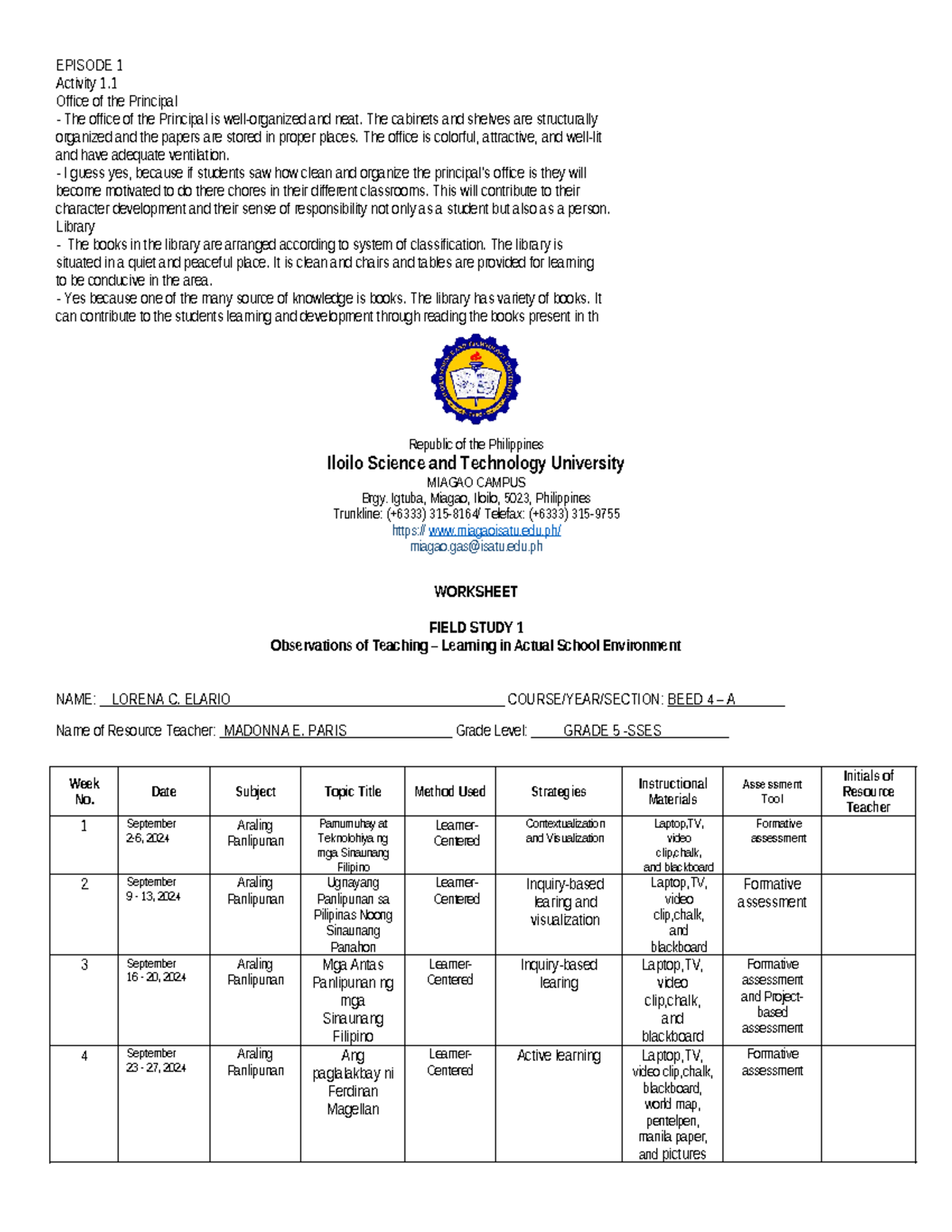 Worksheet-FS1- Format - Republic of the Philippines Iloilo Science and ...