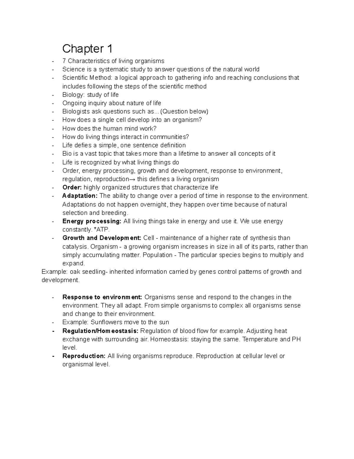 Bio Chapter 1 notes - Chapter 1 7 Characteristics of living organisms ...