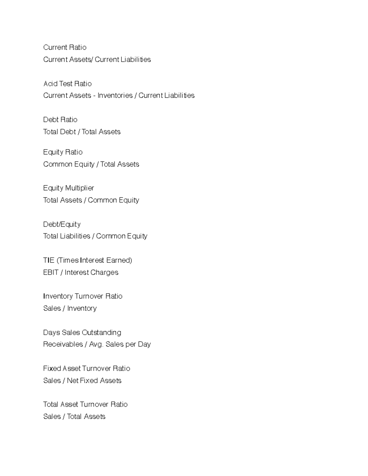 Fin301 Ratios - FIN 301 Study Guide - Current Ratio Current Assets ...