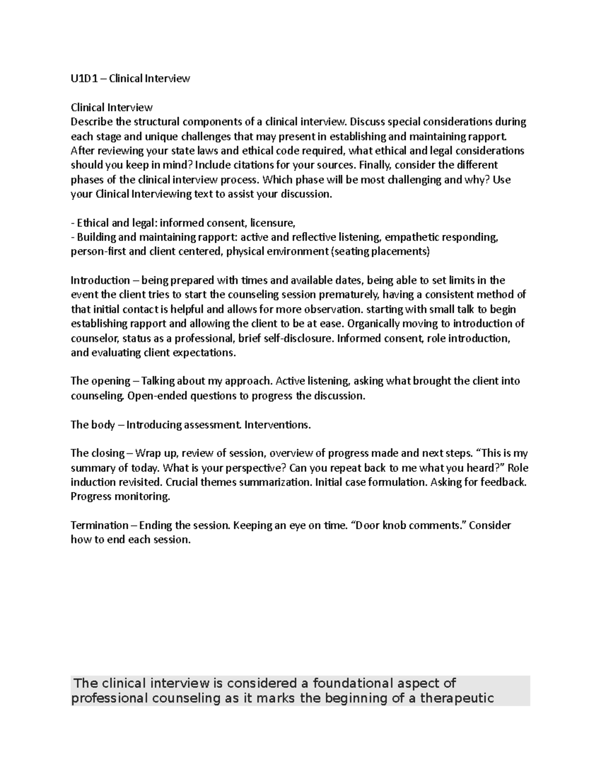 U1 Discussion post - U1D1 – Clinical Interview Clinical Interview ...