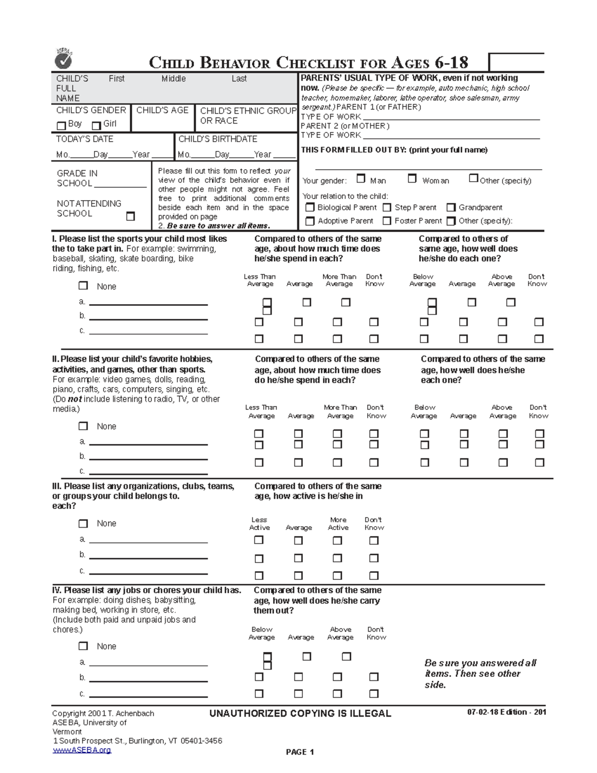 Schoolagecbcl - CHILD BEHAVIOR CHECKLIST FOR AGES 6- CHILD’S First ...