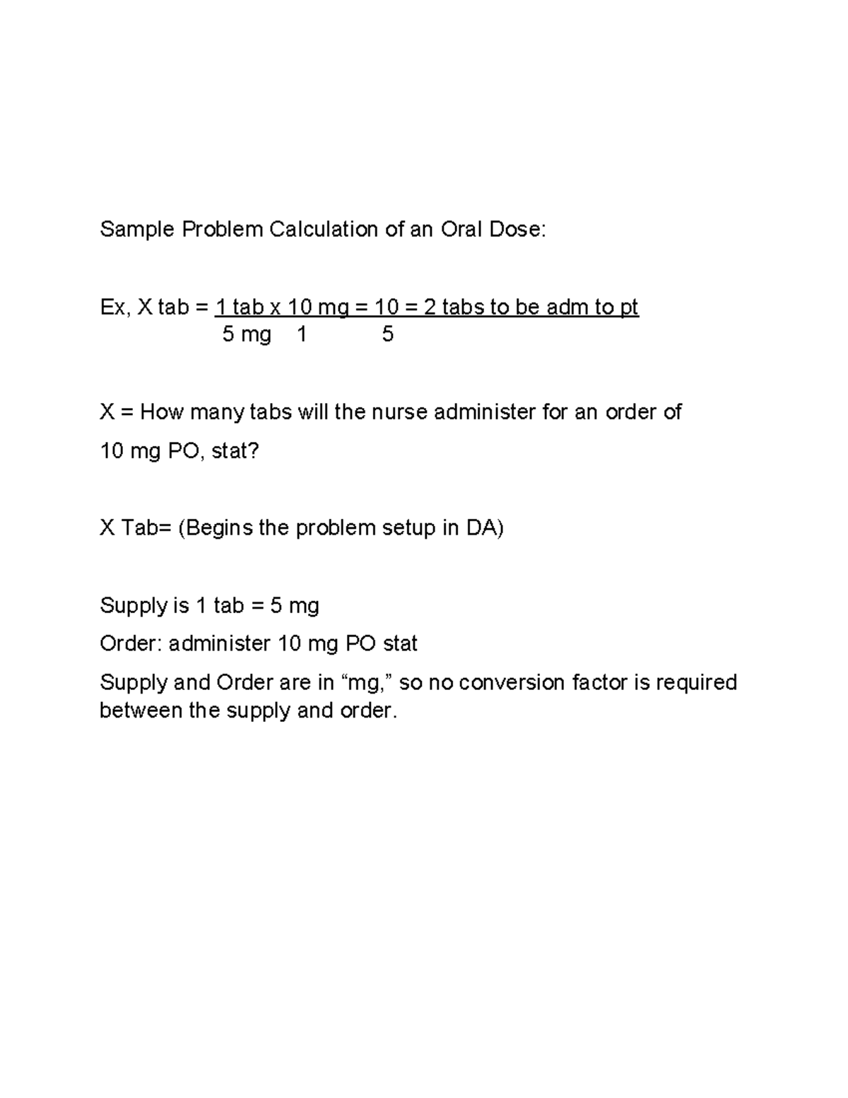 Math for meds 1 - NUR 205 - Sample Problem Calculation of an Oral Dose ...