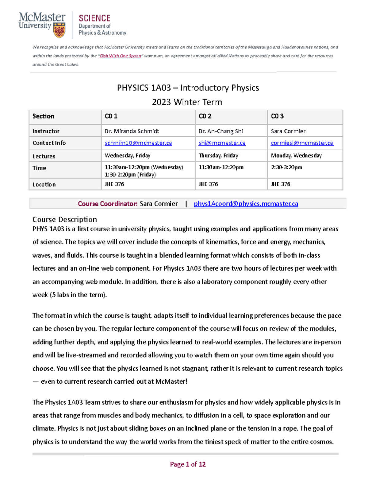P Hysics 1A03 – Introductory Physics - W2023 v2 Dec 18 - We recognize ...