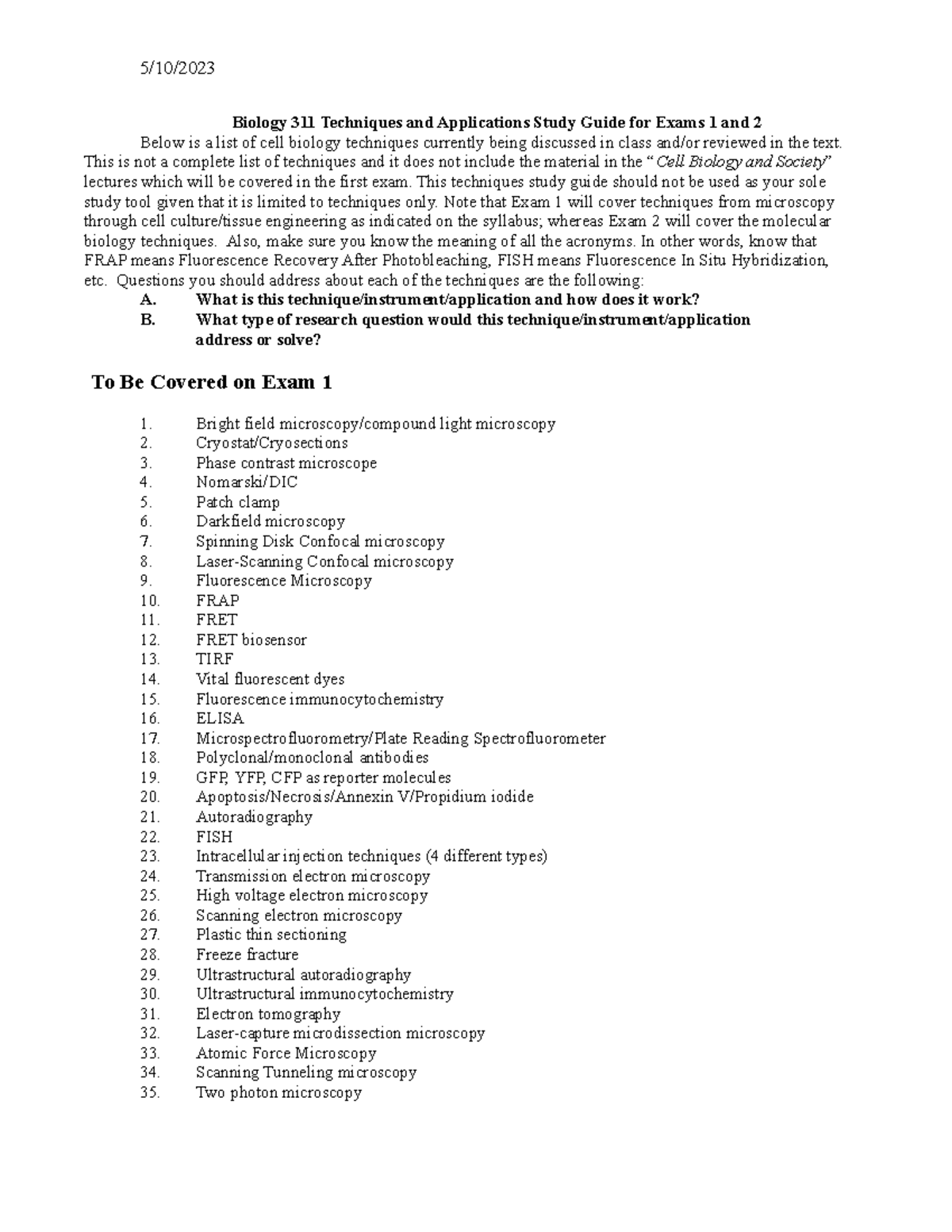 311 Techniques Fall 2022 - 5/10/ Biology 311 Techniques and ...