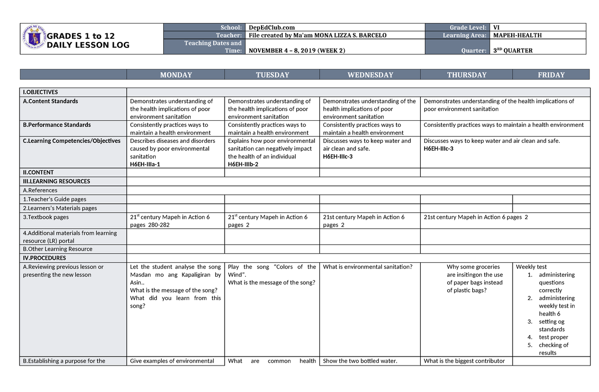 DLL Mapeh- Health 6 Q3 W2 - GRADES 1 to 12 DAILY LESSON LOG School ...