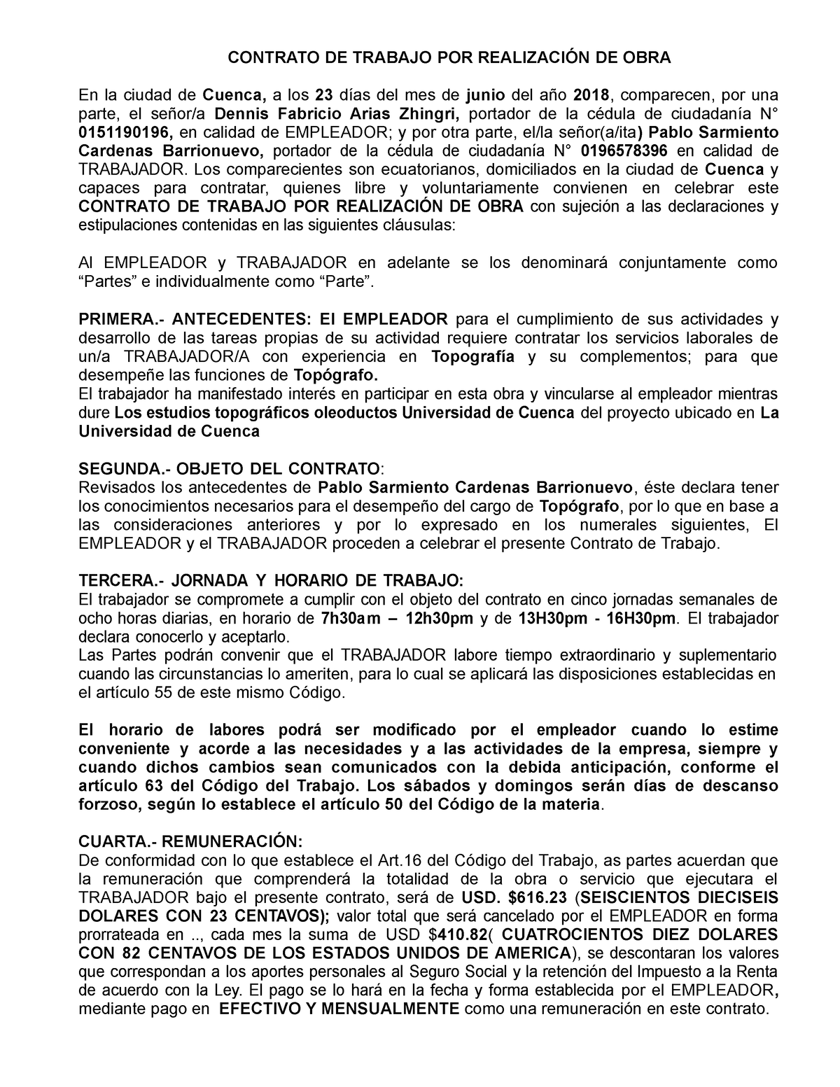 Contrato DE Trabajo POR OBRA ( Pablo Sarmiento Cardenas Barrionuevo ...