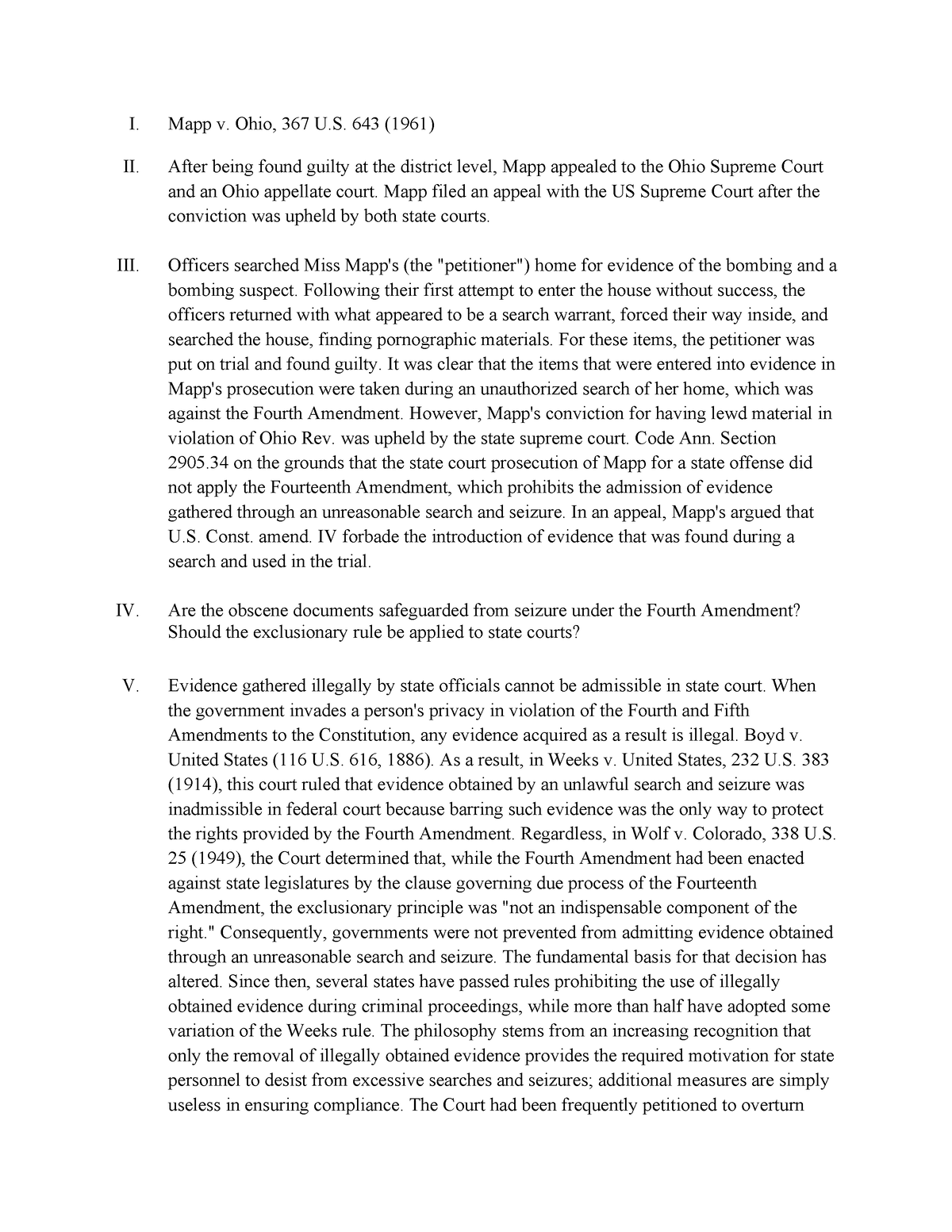 Guns And The Accused Mapp V Ohio Brief Case - I. Mapp V. Ohio, 367 U 