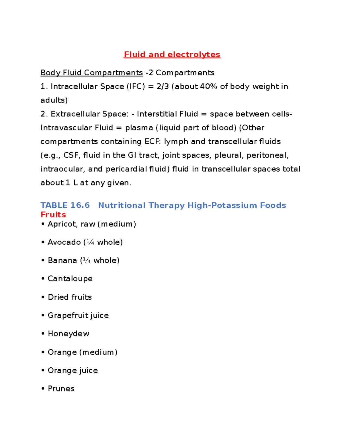 Med surg note 5 good Fluid and electrolytes Body Fluid Compartments