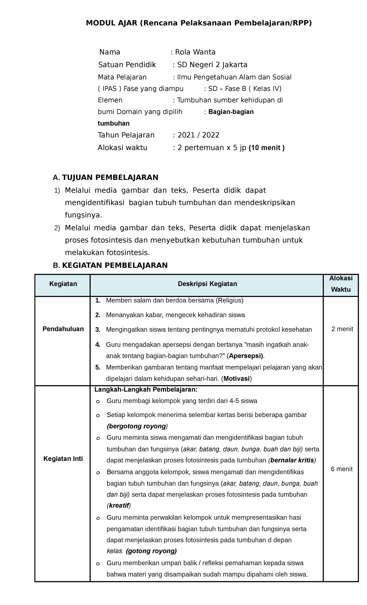 RPP ROLA Wanta - MODUL AJAR (Rencana Pelaksanaan Pembelajaran/RPP) Nama ...