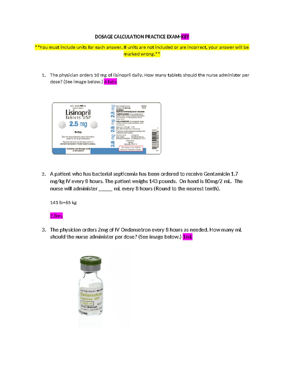 Dosage Calculation Practice Exam-KEY - DOSAGE CALCULATION PRACTICE EXAM ...