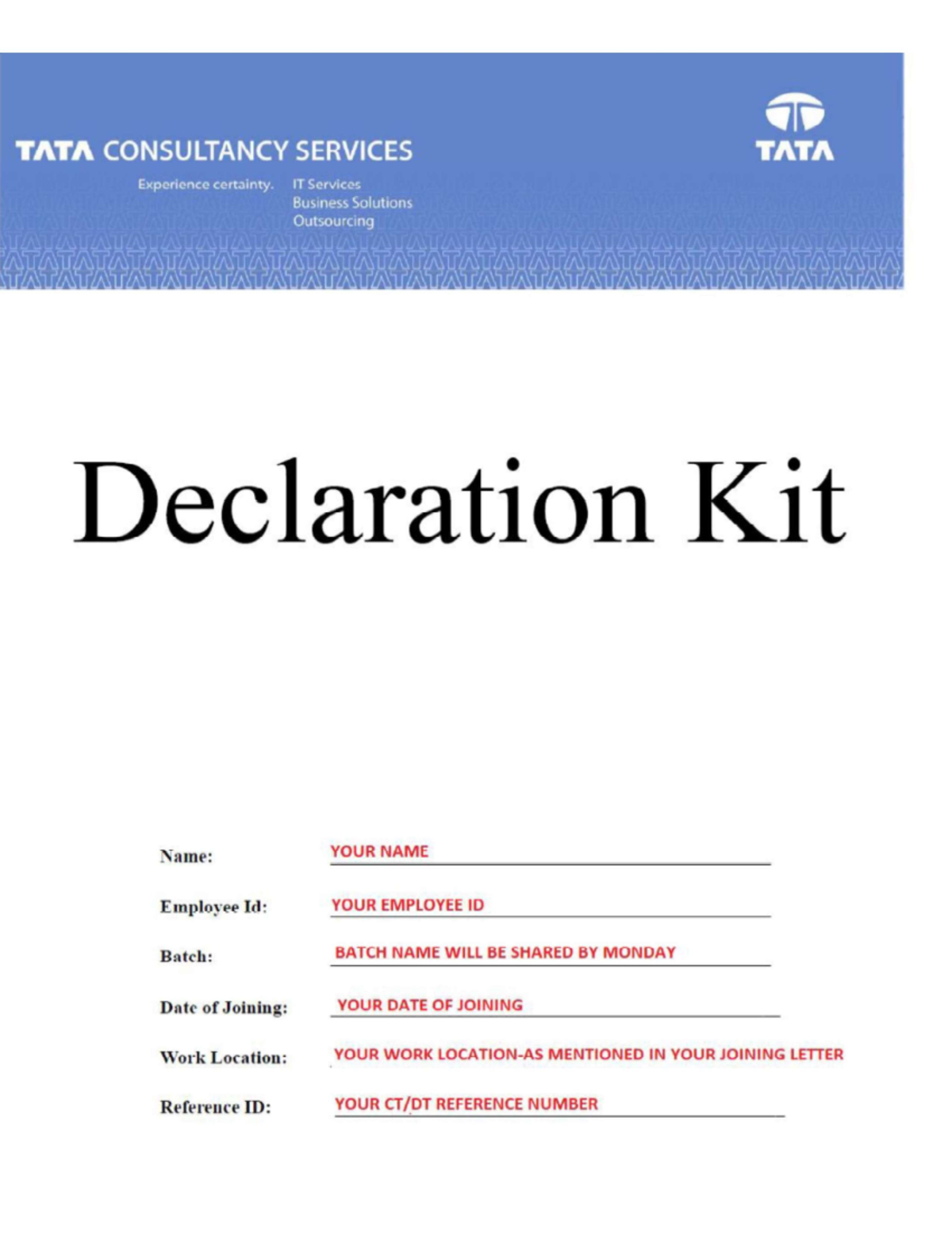 Sample Declaration KIT-V6 - TATA CONSULTANCY SERVICES TATA Experience ...
