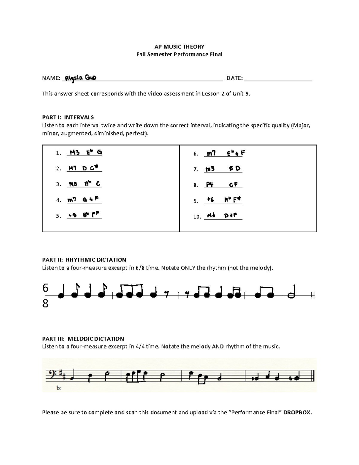 AP Theory Fall Semester Performance Exam Answer Sheet - AP MUSIC THEORY ...