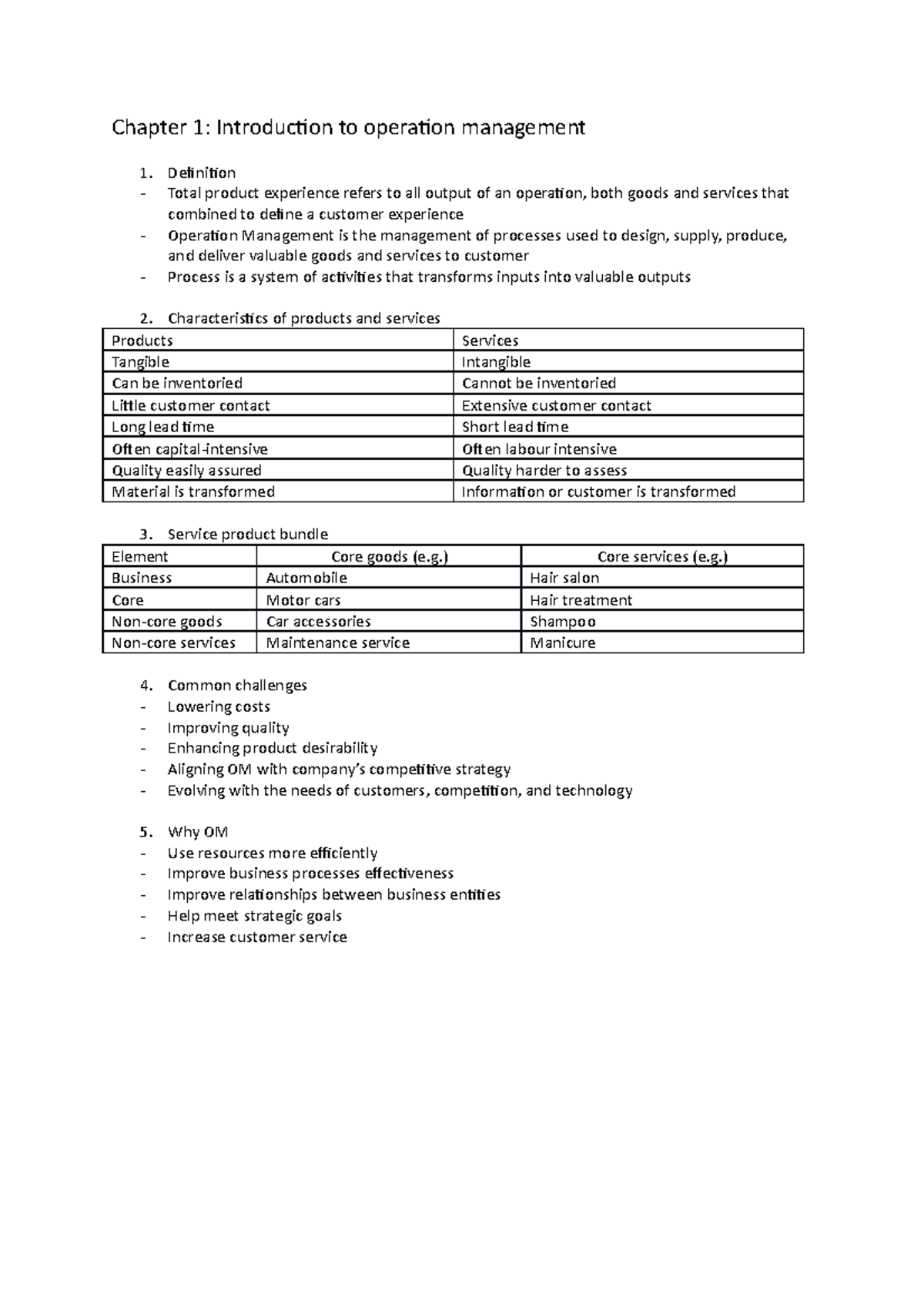 OM chapter 1 notes - Chapter 1: Introduction to operation management ...