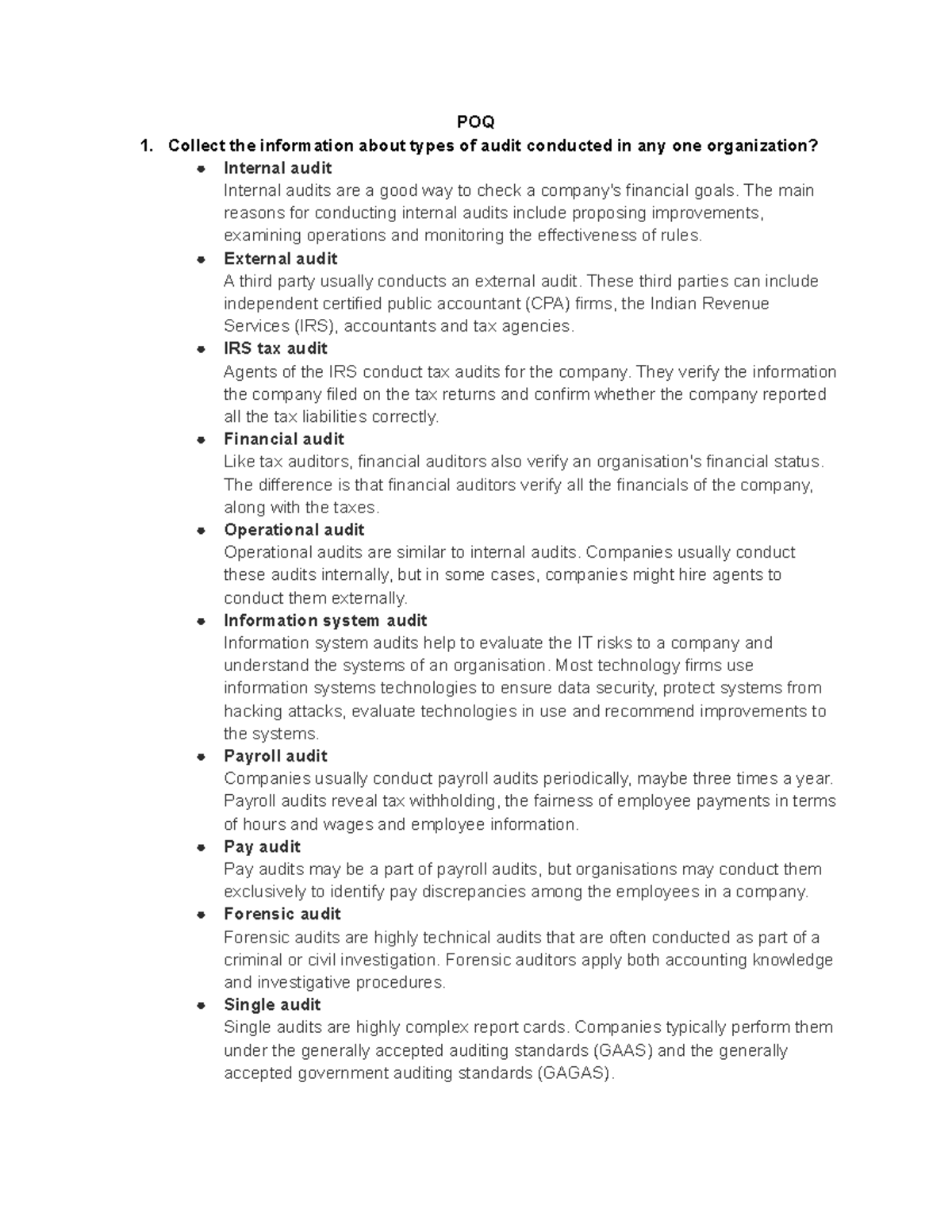 AR POQ questions - POQ Collect the information about types of audit ...