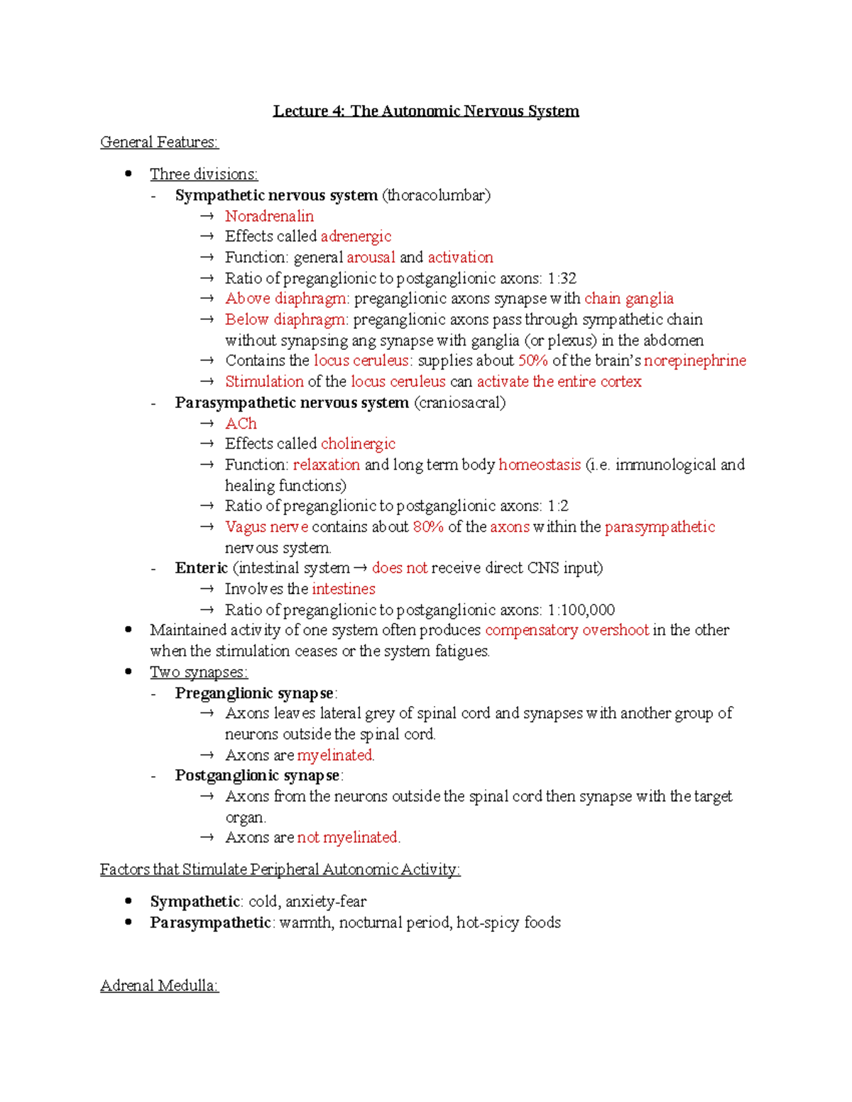 Lecture 4 Notes - Lecture 4: The Autonomic Nervous System General ...